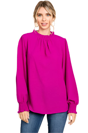 For The Frills Top Magenta Elegant Blouse with Frilly Mock Neckline and Long Bubble Sleeves
