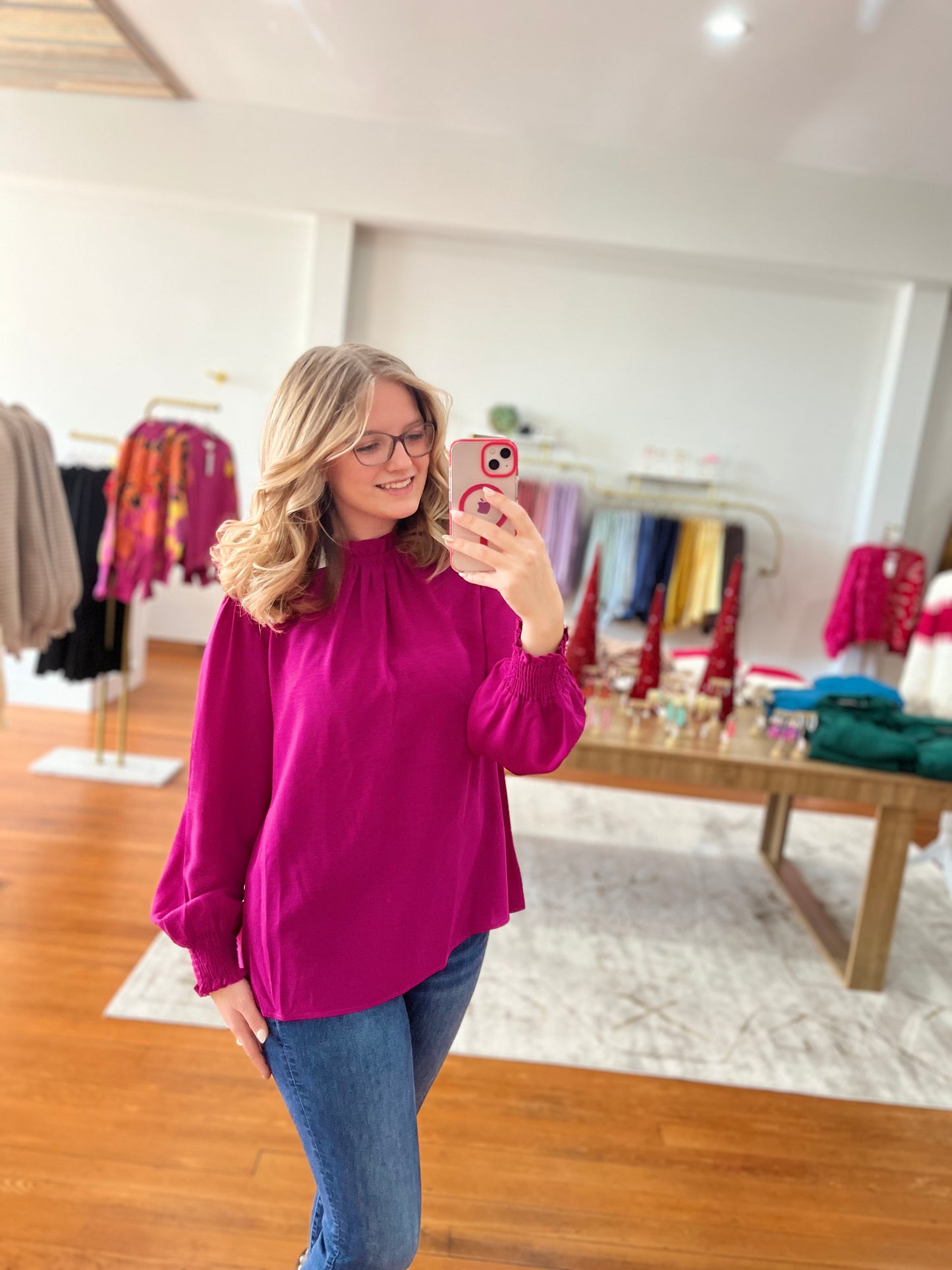 For The Frills Top Magenta Elegant Blouse with Frilly Mock Neckline and Long Bubble Sleeves