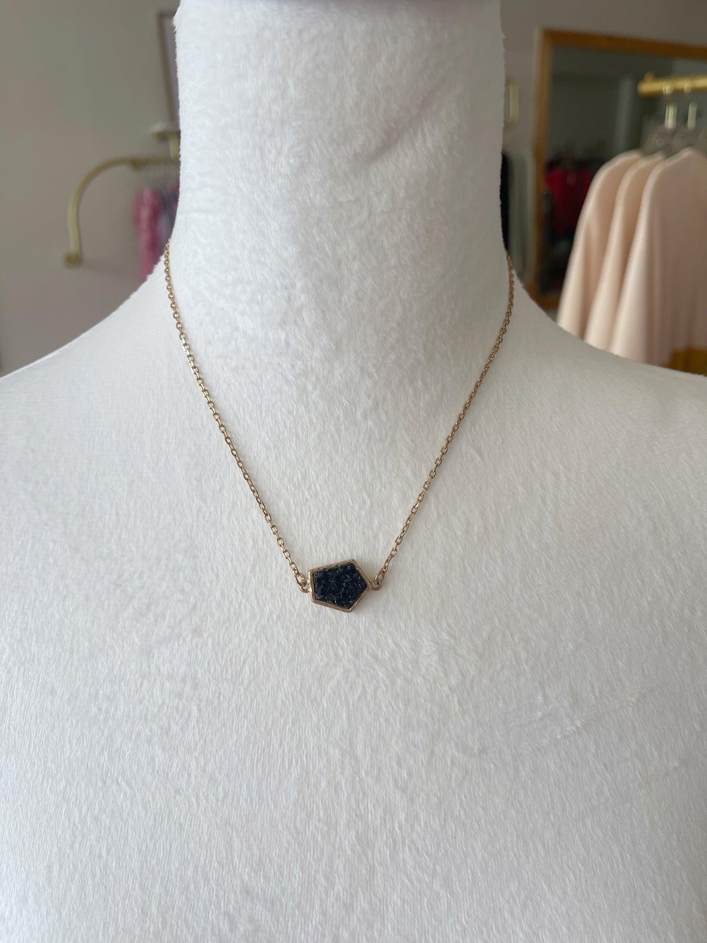 Brass Geometric Faux Druzy Necklace: Jet-Black / OS