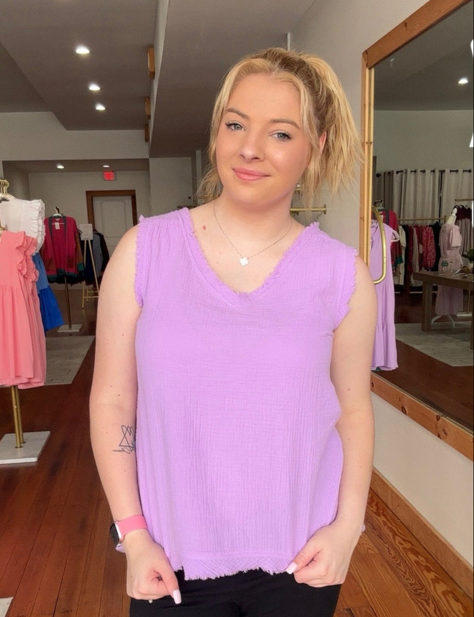 Make Light Of It Lavender Gauze Tank Top 100 Percent Cotton Double Gauze Raw Edge V Neck Design