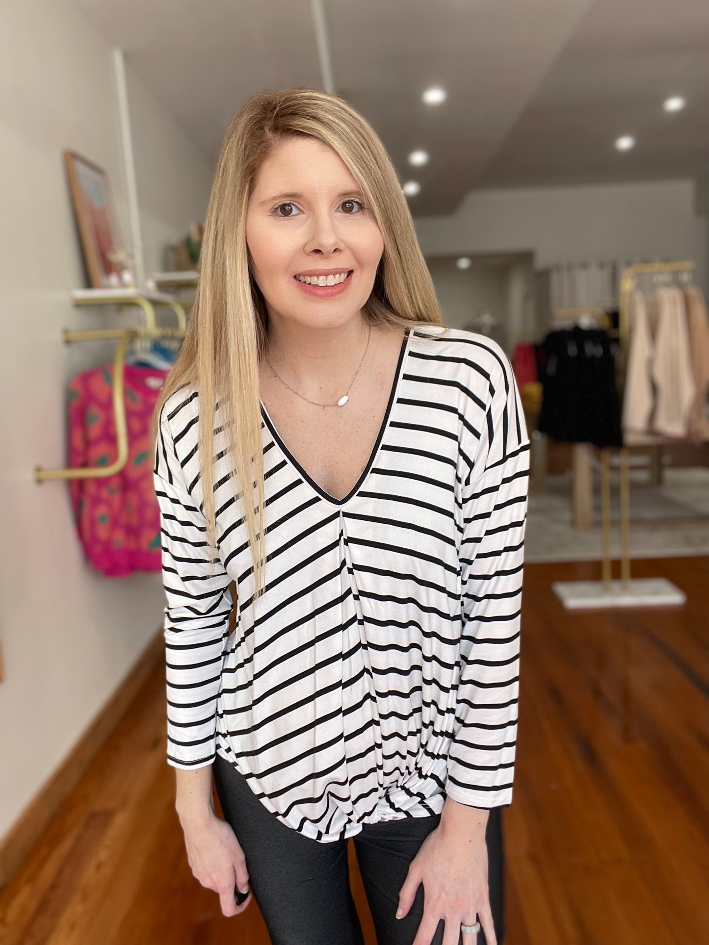 Abloom Chic Stripe Top with V Neck and Long Sleeves