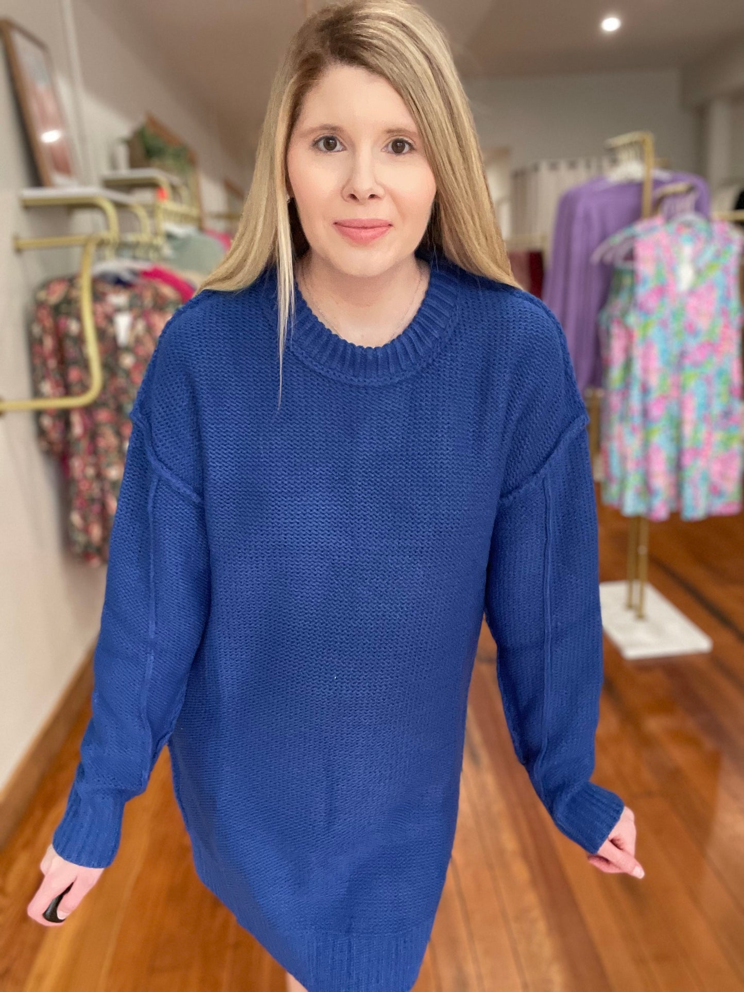 Sweater Weather Dress Chunky Knit Mini Dress Oversized Round Neck Cozy Chic (Blue)