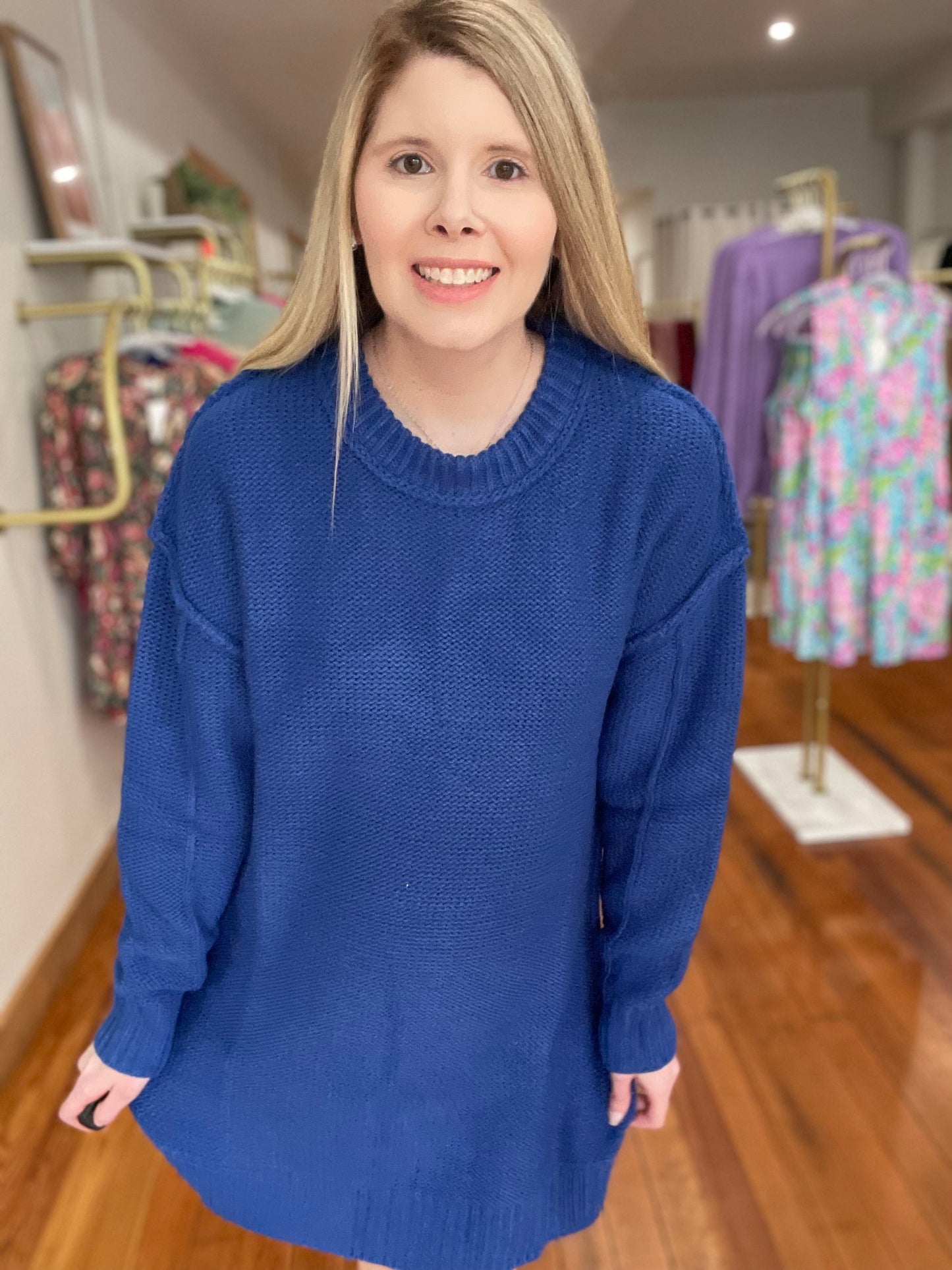 Sweater Weather Dress Chunky Knit Mini Dress Oversized Round Neck Cozy Chic (Blue)