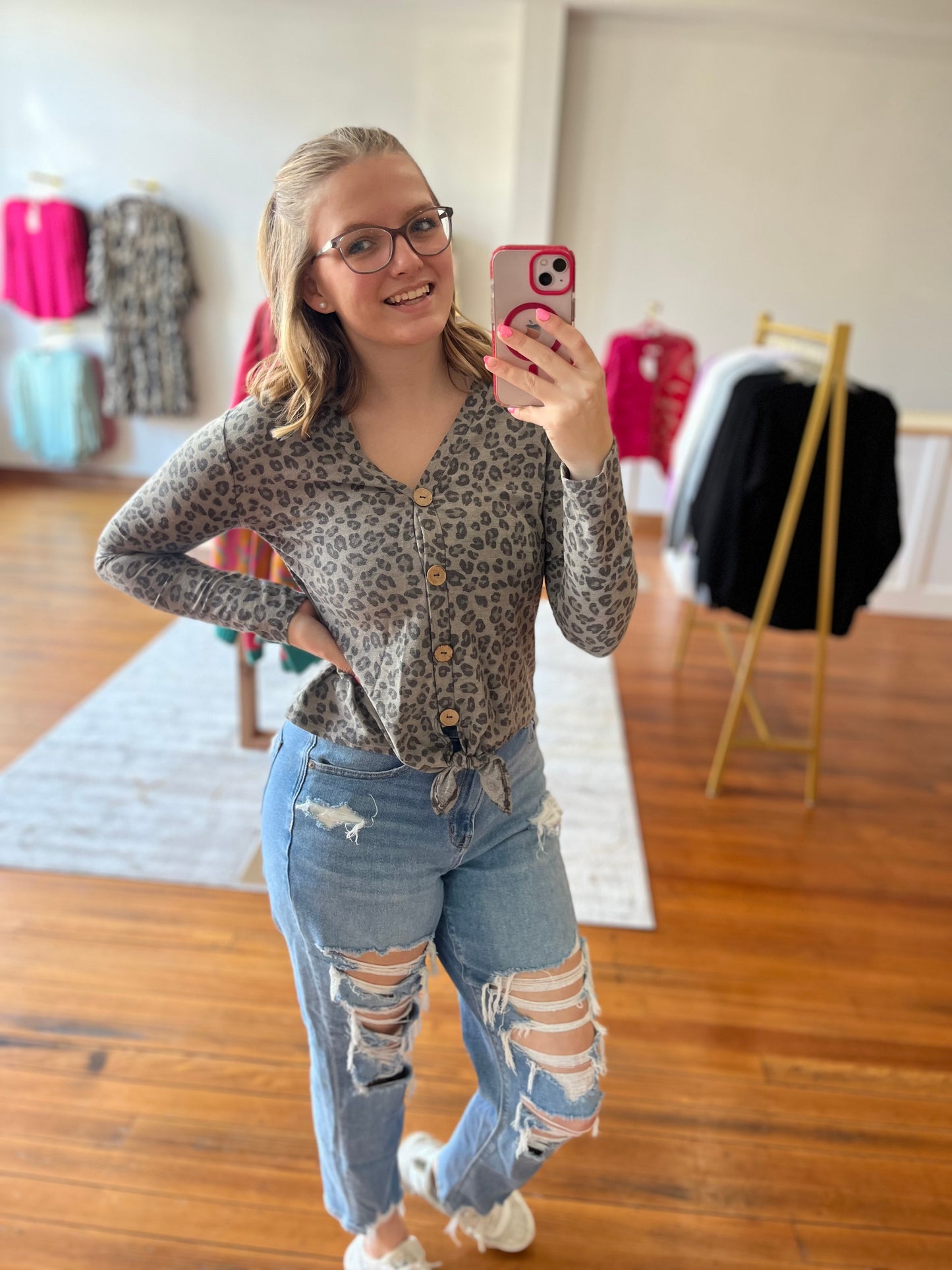 Talkin Bout You Top Gray Leopard Print Winter Fashion