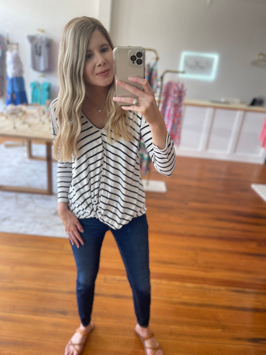 Abloom Chic Stripe Top with V Neck and Long Sleeves