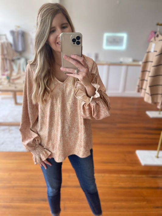 Live Laugh Love Work Top with V Neckline and Poet Sleeves