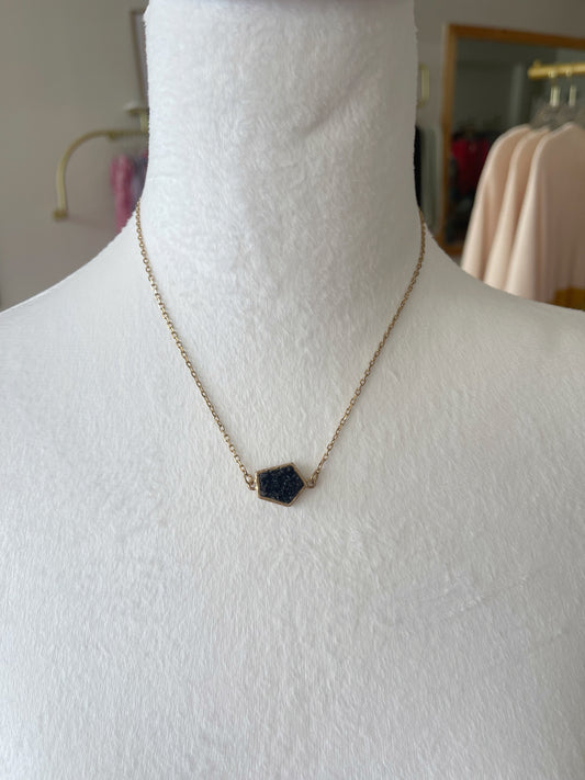 Brass Geometric Faux Druzy Necklace: Jet-Black / OS