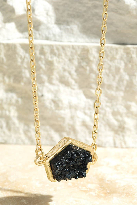 Brass Geometric Faux Druzy Necklace: Jet-Black / OS