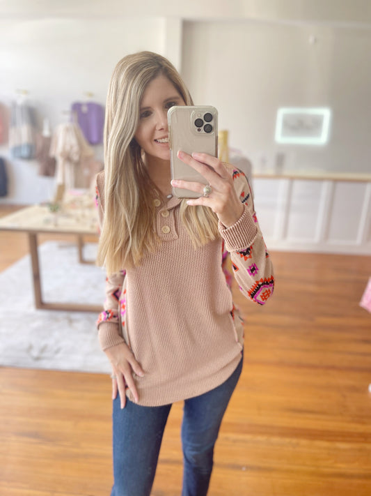 On The Verge Ribbed Top with Tribal Contrast