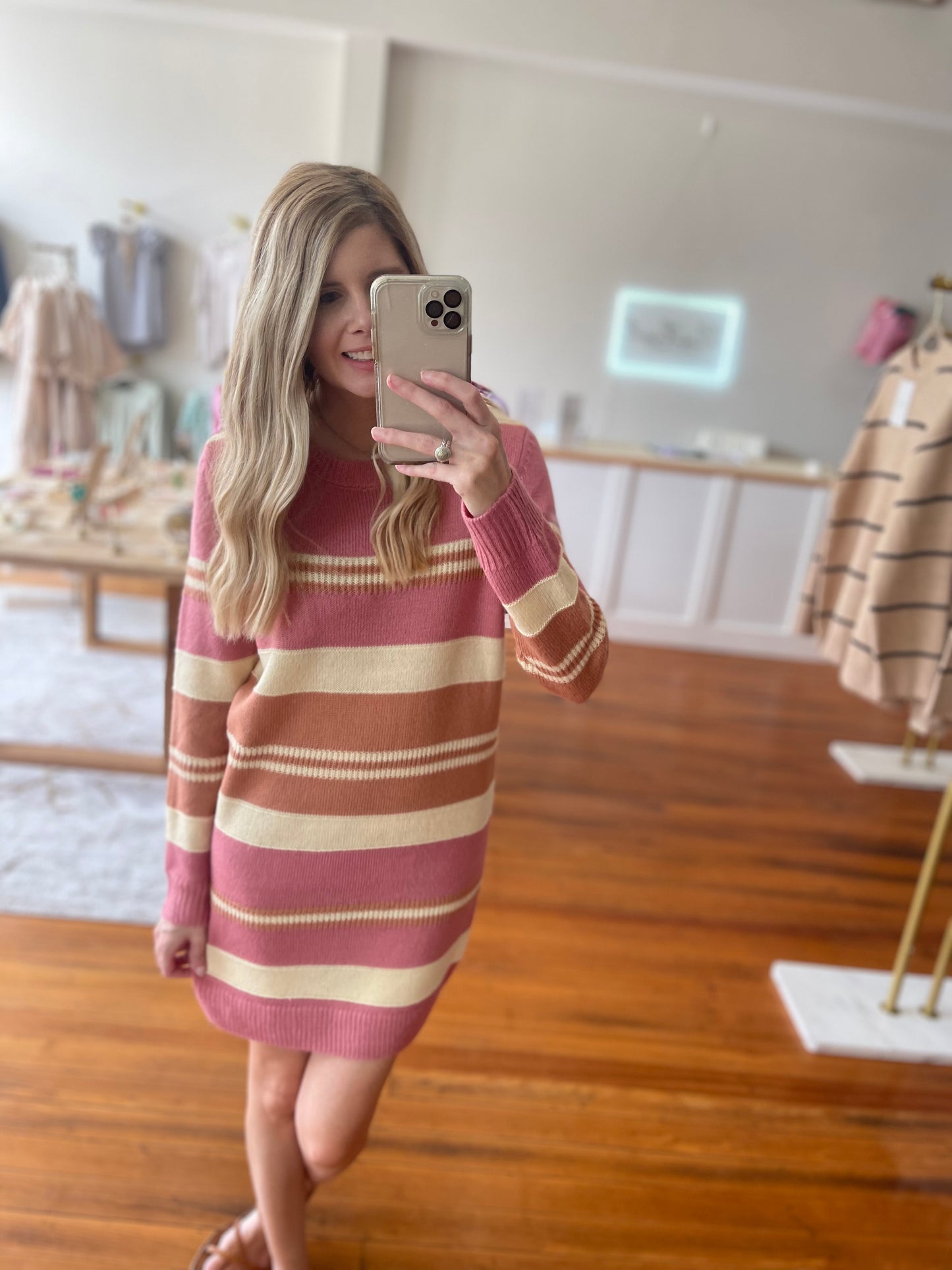 For The Thrills Long Sleeve Knit Sweater Dress in Ivory with Multi Striped Pattern