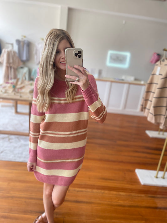 For The Thrills Long Sleeve Knit Sweater Dress in Ivory with Multi Striped Pattern