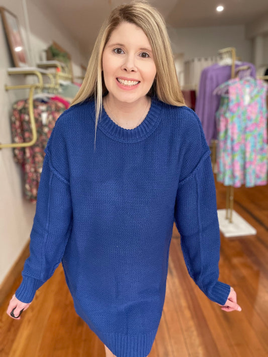 Sweater Weather Dress Chunky Knit Mini Dress Oversized Round Neck Cozy Chic (Blue)