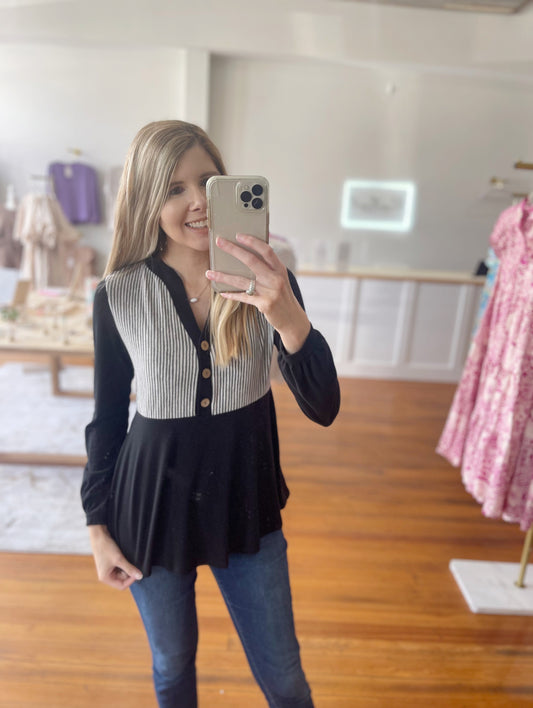 Budding Romance Babydoll Top with Striped Contrast and Faux Buttons