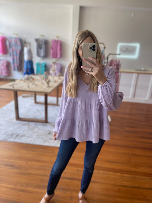 Wintertime Fun V Neck Top with Gauze Tiered Puff Sleeves in Lavender