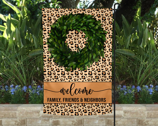 Welcome Boxwood and Leopard Print Flag