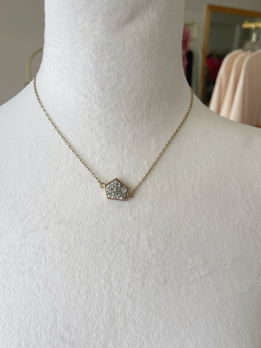 Brass Geometric Faux Druzy Necklace: Sv-Silver / OS