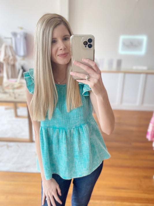 Playing It Cool Ruffle Tank Top for Women Acid Washed Tiered Peplum Blouse