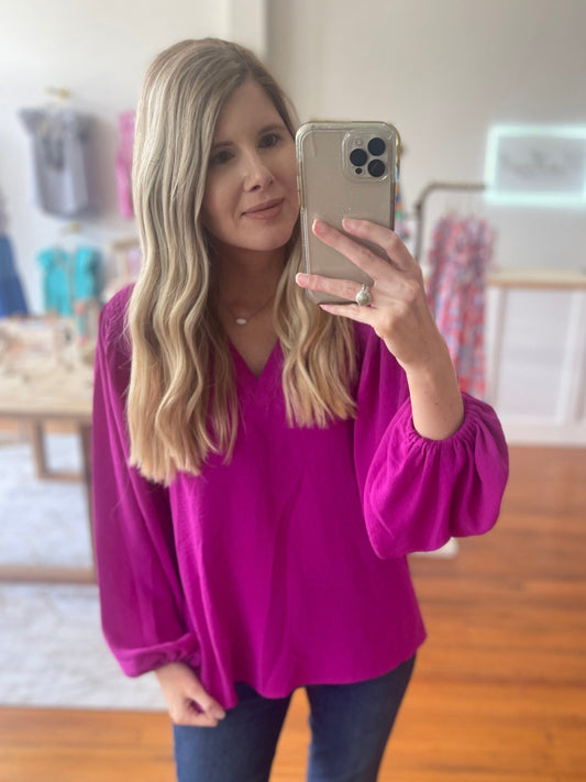 Magenta Magnificent Top Elegant V Neck Smocked Design