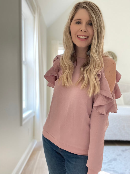 Peppermint Twist Top Flirty Wardrobe Essential with Ruffle Detail and Cutout Shoulders