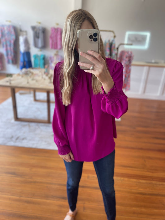 For The Frills Top Magenta Elegant Blouse with Frilly Mock Neckline and Long Bubble Sleeves