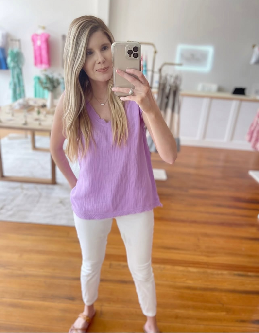 Make Light Of It Lavender Gauze Tank Top 100 Percent Cotton Double Gauze Raw Edge V Neck Design