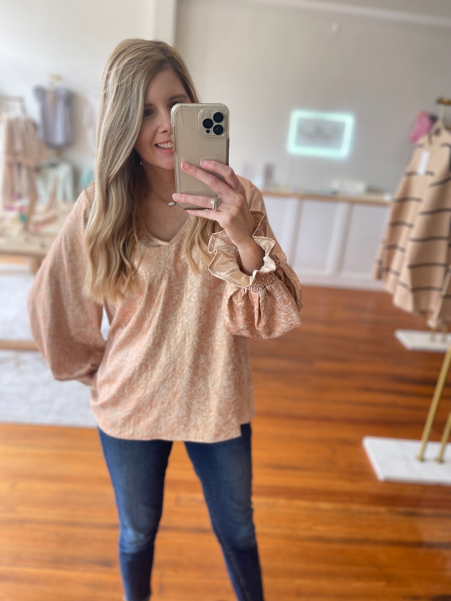 Live Laugh Love Work Top with V Neckline and Poet Sleeves