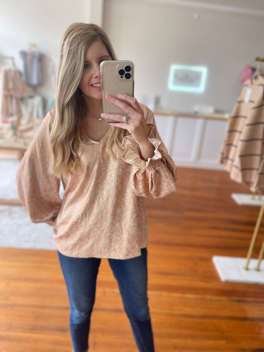 Live Laugh Love Work Top with V Neckline and Poet Sleeves
