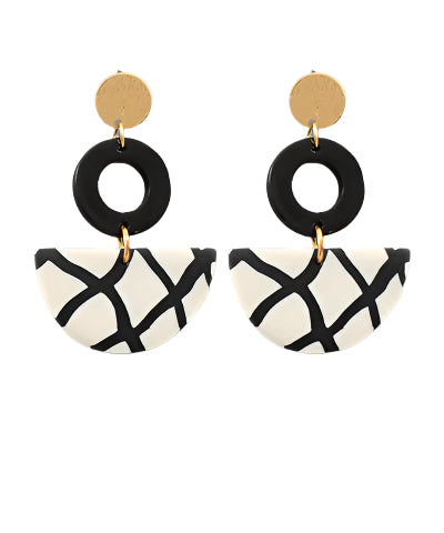 Black Acrylic Circle & Abstract Clay Moon Earrings