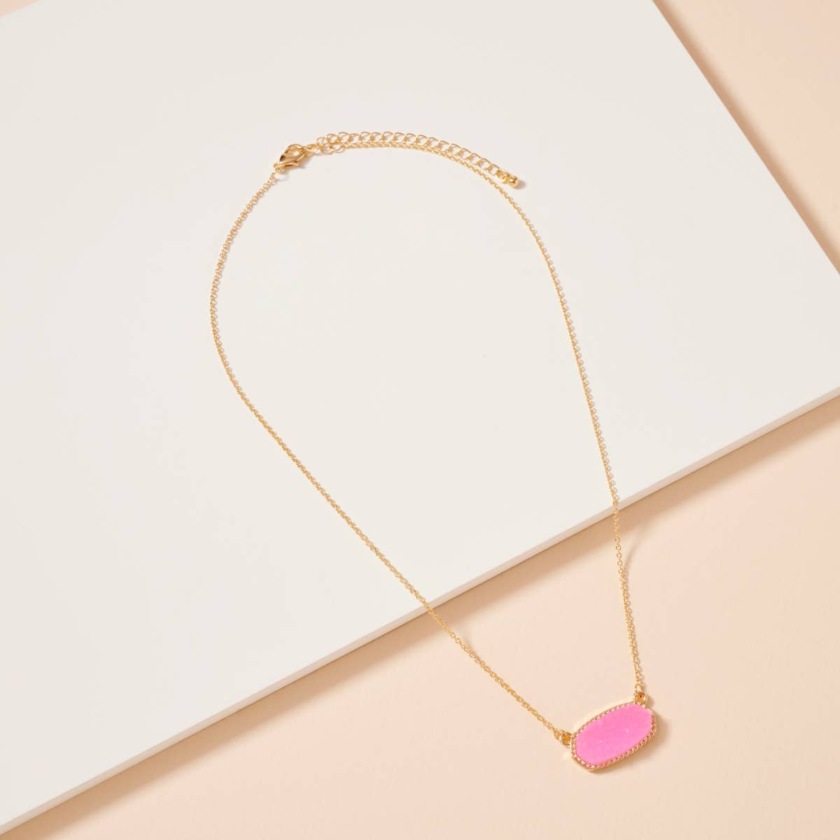 Pink Druzy Stone Charm Short Necklace