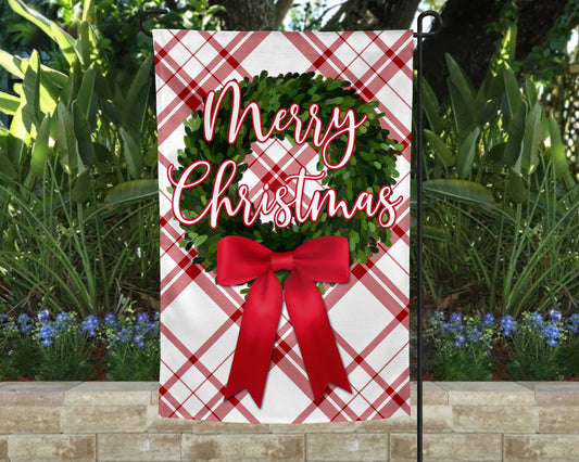 Merry Christmas Plaid Boxwood Wreath and Bow