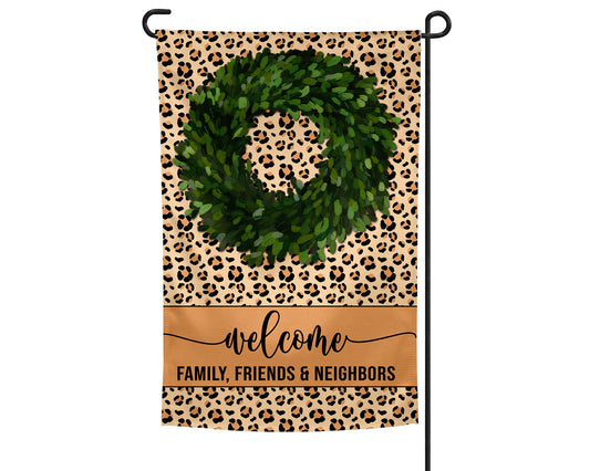 Welcome Boxwood and Leopard Print Flag