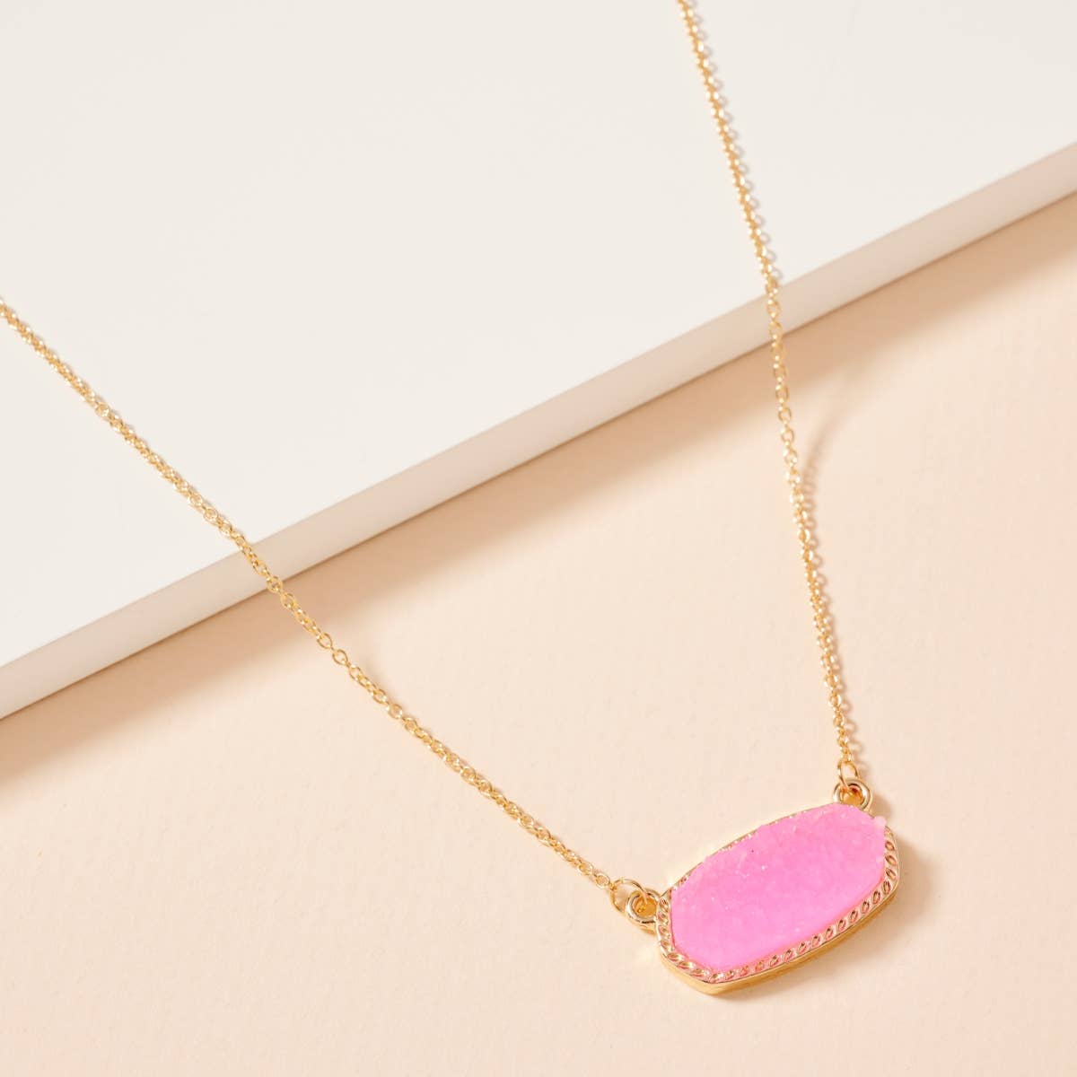 Pink Druzy Stone Charm Short Necklace