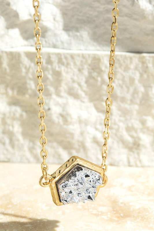 Brass Geometric Faux Druzy Necklace: Sv-Silver / OS