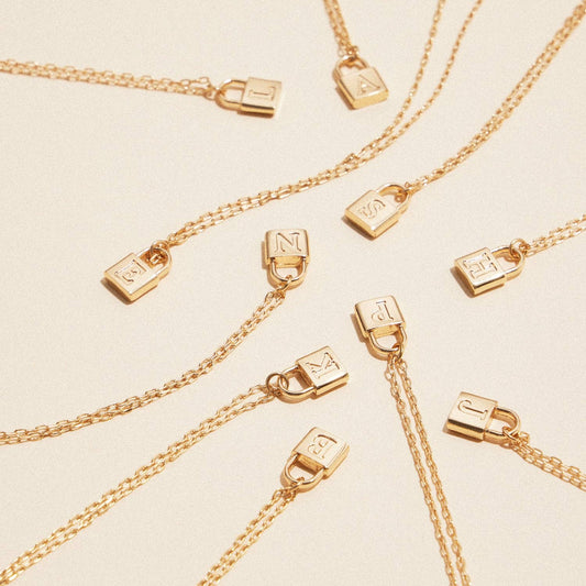Assorted Golden Initial Lock Pendant Necklace