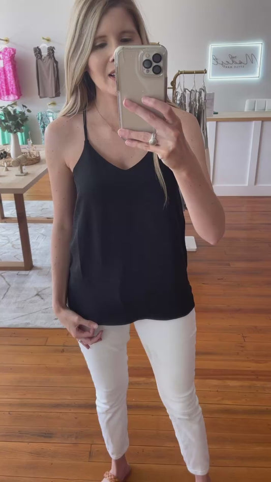 A Good Place To Start Adjustable Strap Lined V Neck Cami Top